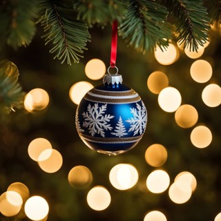 Christmas ornament hanging on a tree, with reflections of twinkling lights and fireplace flames