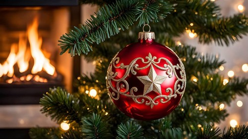 Christmas ornament hanging on a tree, with reflections of twinkling lights and fireplace flames