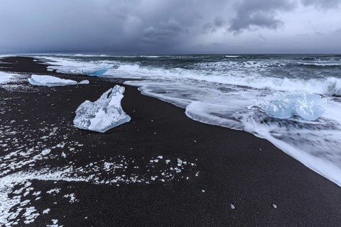 Ice floes on the beach, snowy, waves, sea, clouds, winter, Diamond Beach, Breidamerkursandur,
