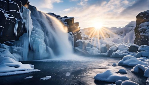 Winter landscape of a frozen waterfall, surrounded by icicles and snow-covered rocks, with the