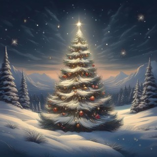 Illustration of a Christmas tree in a snowy winter landscape at night, AI-generated image, AI