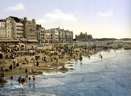 The beach at high tide, Ostend, Belgium, ca 1895, Historical, digitally restored reproduction from