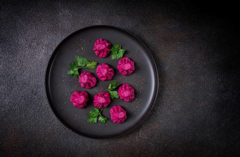 Beetroot khinkali, mini khinkali, purple, Georgian cuisine, no people