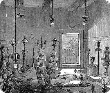 Interior of a fetish temple of the Ashanti tribe, West African ethnic group in the south of Ghana,