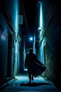 Man fleeing down a narrow dimly lit alleyway urban setting at nighttime, AI generated