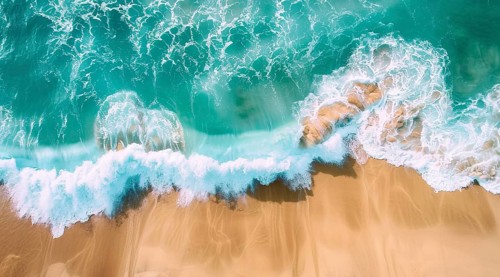 Drone bird's eye view of the ocean waves hitting the shore and sandy beach, AI generated
