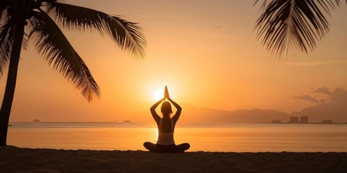 Early morning yoga session on a serene beach in sunrise, AI generated