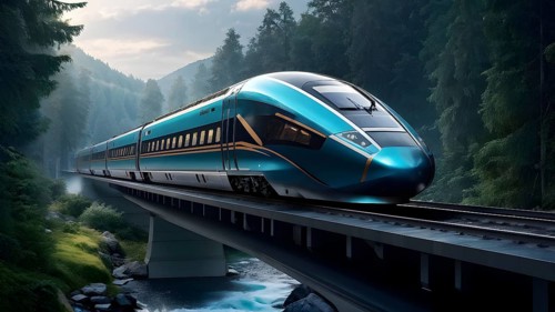 High speed train with an aerodynamic nose modeled after the beak of a kingfisher, AI generated