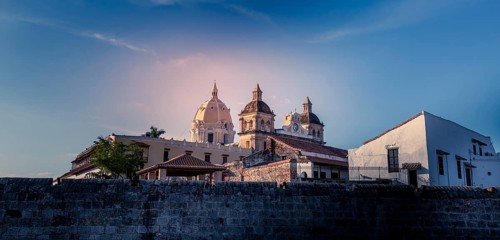 Famous colonial Cartagena Walled City (Cuidad Amurrallada) and its colorful buildings in historic