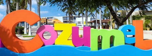 Mexico, Cozumel Letters at the central plaza near ocean Malecon and Cancun ferry terminal, Central