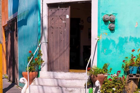 Scenic colorful colonial architecture of Cholula streets in historic center in Mexico Puebla