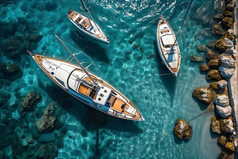 Aerial view of an idyllic harbor landscape with sailboats and yachts, AI generated