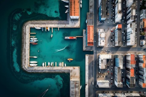 Aerial view of an idyllic harbor landscape with sailboats and yachts, AI generated