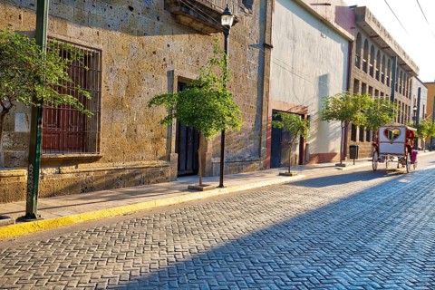 Colorful Guadalajara streets in historic city center near Central Cathedral