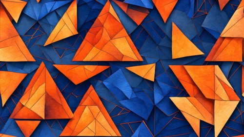 Illustration of abstract art composed of overlapping triangles in blue and orange colors, AI
