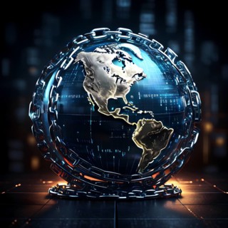 AI generated conceptual digital render showing a globe ensnared and locked by rusting steel chains
