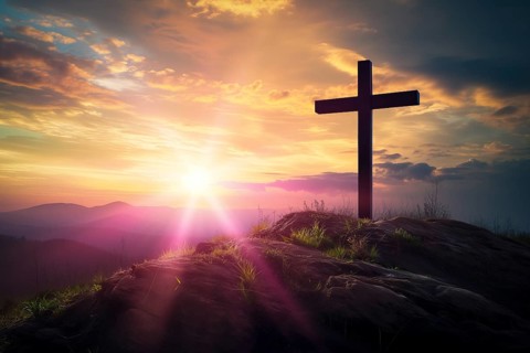 Easter concept cross on Golgotha Calvary hill against a dramatic sunset, AI generated