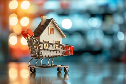 Real estate shopping concept, a house is a shopping cart on blurred bokeh background, AI generated