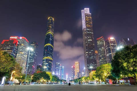 Guangzhou Canton skyline with skyscrapers city centre downtown at night in Guangzhou, China, Asia