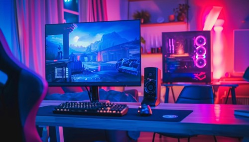 Video gaming advanced home rig station with controller, monitor, chair and speakers, AI generated