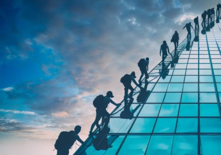 Corporate career employees pursue career opportunities, promotions and climbing corporate ladder,