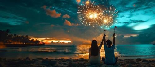 Friends and family enjoying the summer holiday fireworks on the beach. generative AI, AI generated