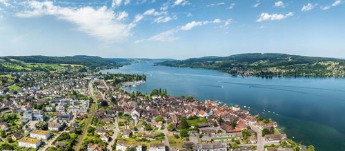 Aerial view, panorama of the municipality of Steckborn on western Lake Constance, with the Höri
