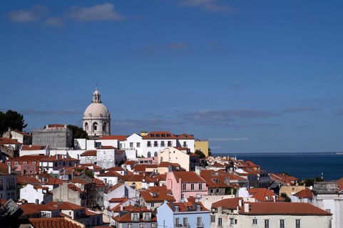 View from the viewpoint Miradouro de Santa Luzia, church Igreja Santa Engrácia, city view, Alfama,