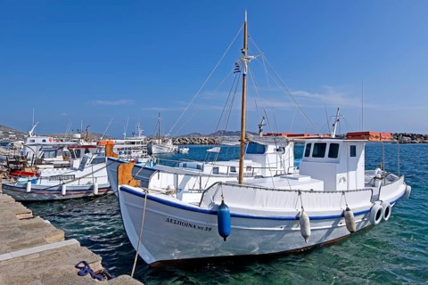 Fishing boats in the harbour of Noussa, Paros Island, Cyclades, Greece, Europe