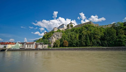 View of the medieval Kufstein Fortress on the River Inn, Kufstein, Tyrol, Austria, Europe