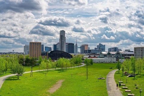 Panoramic view over Brussels skyline with the North Business district and the former Tours & Taxis