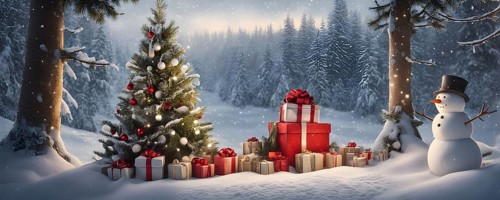 Peaceful and serene Christmas scene with a decorated Christmas tree with gifts presents and a cute