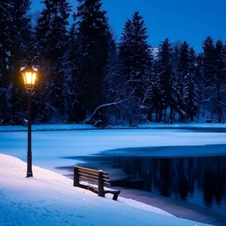 Frozen pond surrounded by snow-covered trees, with a wooden bench and lamppost nearby, softly