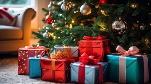 Beautiful wrapped Christmas gifts with shiny ribbons and bows stacked under a evergreen tree in a