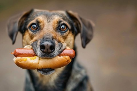 Dog holding hot dog with bread bun and sausage in mouth. Generative Ai, AI generated