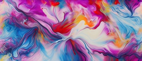 Abstract painting with fluid swirling pastel colors of magenta, blue, red, orange and yellow, AI