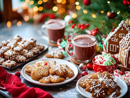 Kitchen counter filled with Christmas cookies, gingerbread houses, and mugs of hot chocolate, with