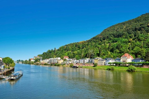 Heidelberg, Germany, June 28th 2024: View over lower Neckar river bank with street and residential