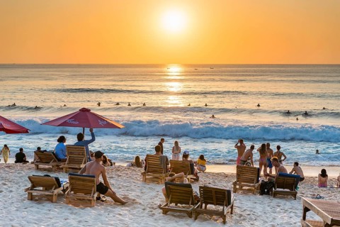 Surfers and bathers, beach, holiday, sunset, travel, beach holiday, tourism, evening sun, evening