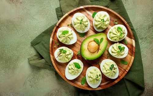 Snack, stuffed eggs with avocado, homemade, no people