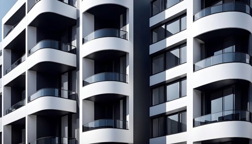 Rendering of a modern real estate apartment building in clean geometric forms in black and white,