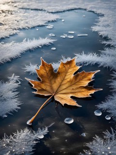 Delicate leaf resting on the surface of a frozen puddle, with intricate ice crystals forming