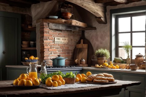 Rustic kitchen interior with exposed wooden beams, a farmhouse sink, and a table set with freshly