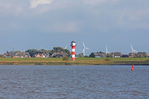 Lighthouse, thatched roof houses, wind power plants, Glückstadt, Elbe, Schleswig-Holstein, Germany,