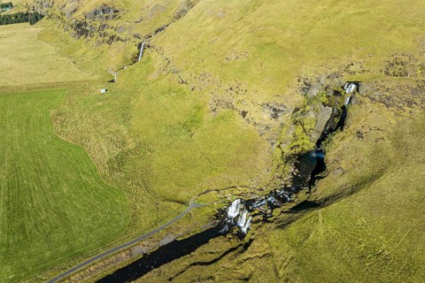 Aerial view of waterfall Gluggafoss (Merkjárfoss), Fljotsdalur valley, southern coast near
