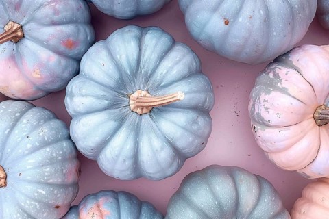 Banner with pastel pink and blue muscade pumpkins. Generative AI, AI generated