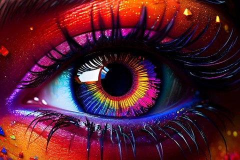 Close up portrait of an intricate eye makeup with vividly colored eyelids, AI generated