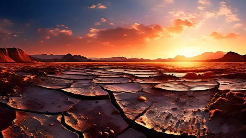 Aerial perspective of a salt and clay pan revealing the intricate patterns of its broken surface,
