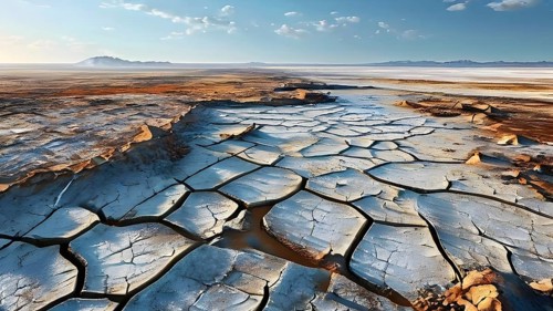 Aerial perspective of a salt and clay pan revealing the intricate patterns of its broken surface,