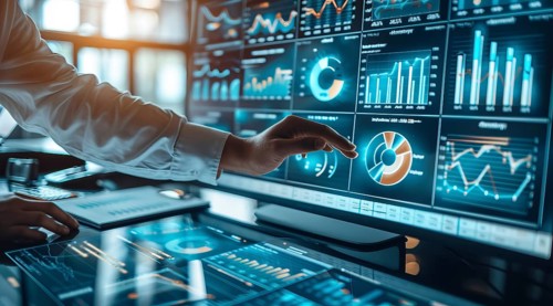 Business Analysis concept. Business analyst using graphs and data to analyze market trends, AI